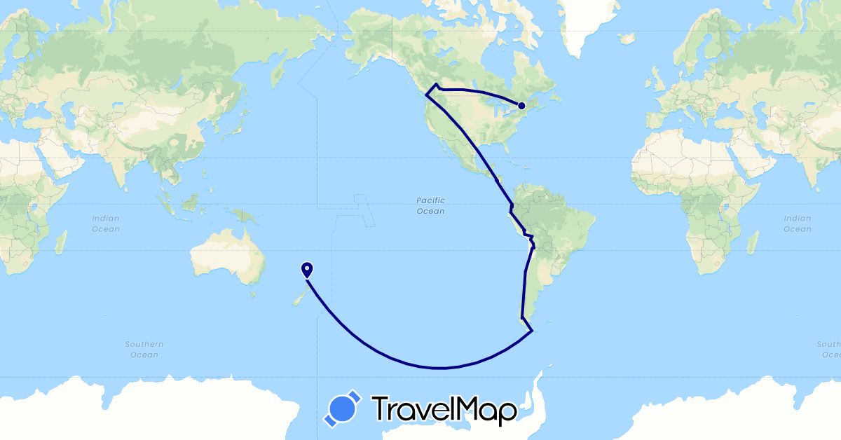 TravelMap itinerary: driving in Argentina, Bolivia, Canada, Chile, Ecuador, Nicaragua, New Zealand, Peru (North America, Oceania, South America)
